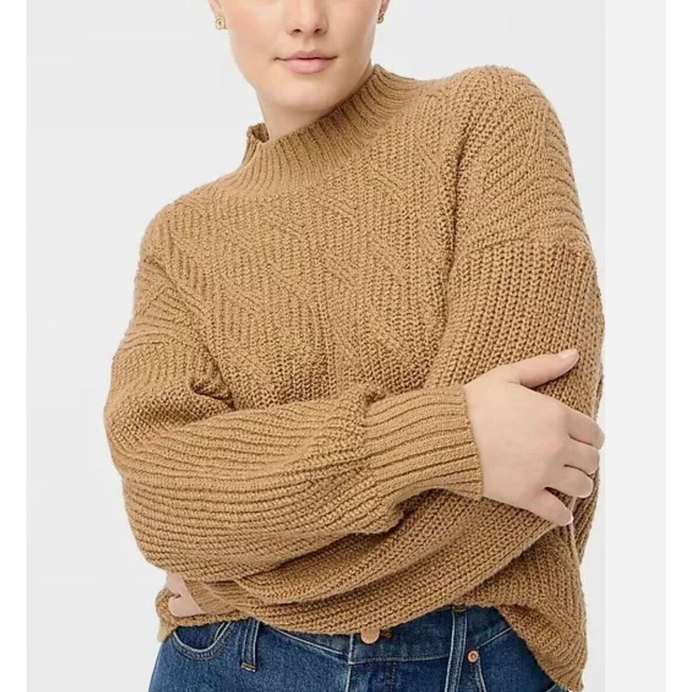 J Crew Mockneck‎ Cable Knit Boxy Sweater Cotton Blend Camel Brown Quiet Luxury S